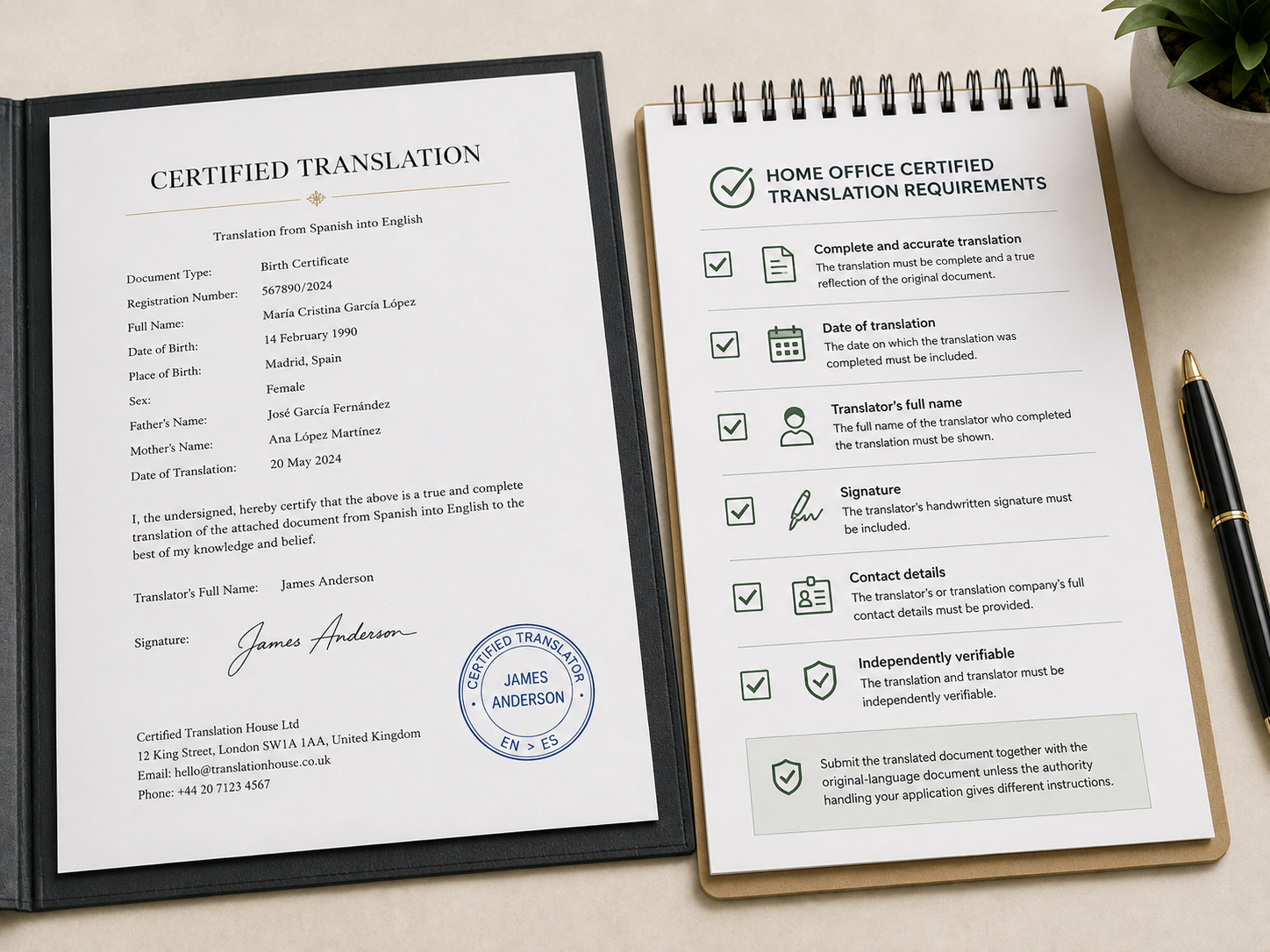 Certified translation beside a checklist of required certification details