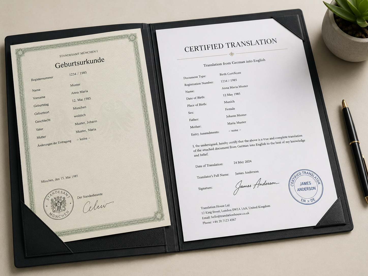 Foreign-language certificate beside its certified English translation in a document folder