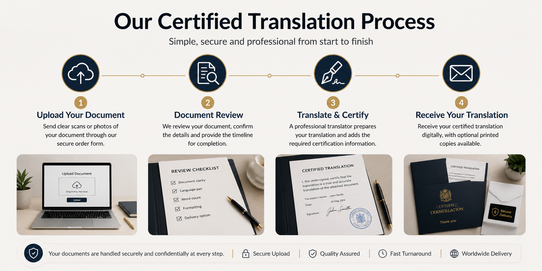 Four-step certified translation process from document upload to delivery