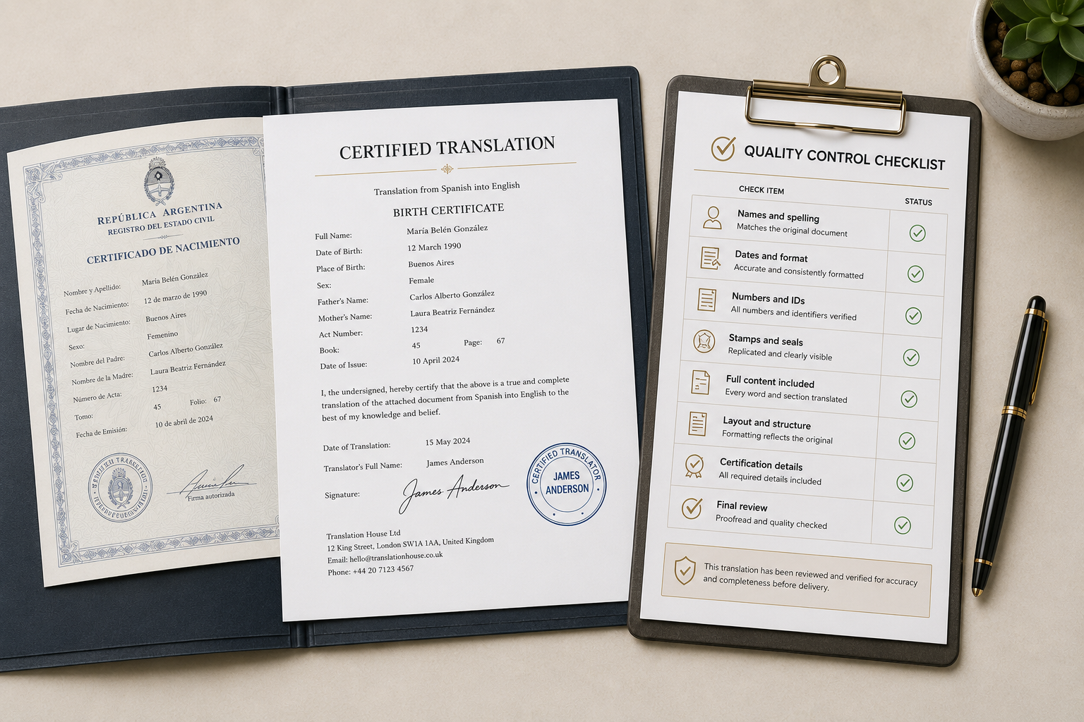 Original document and certified translation beside a completed quality checklist