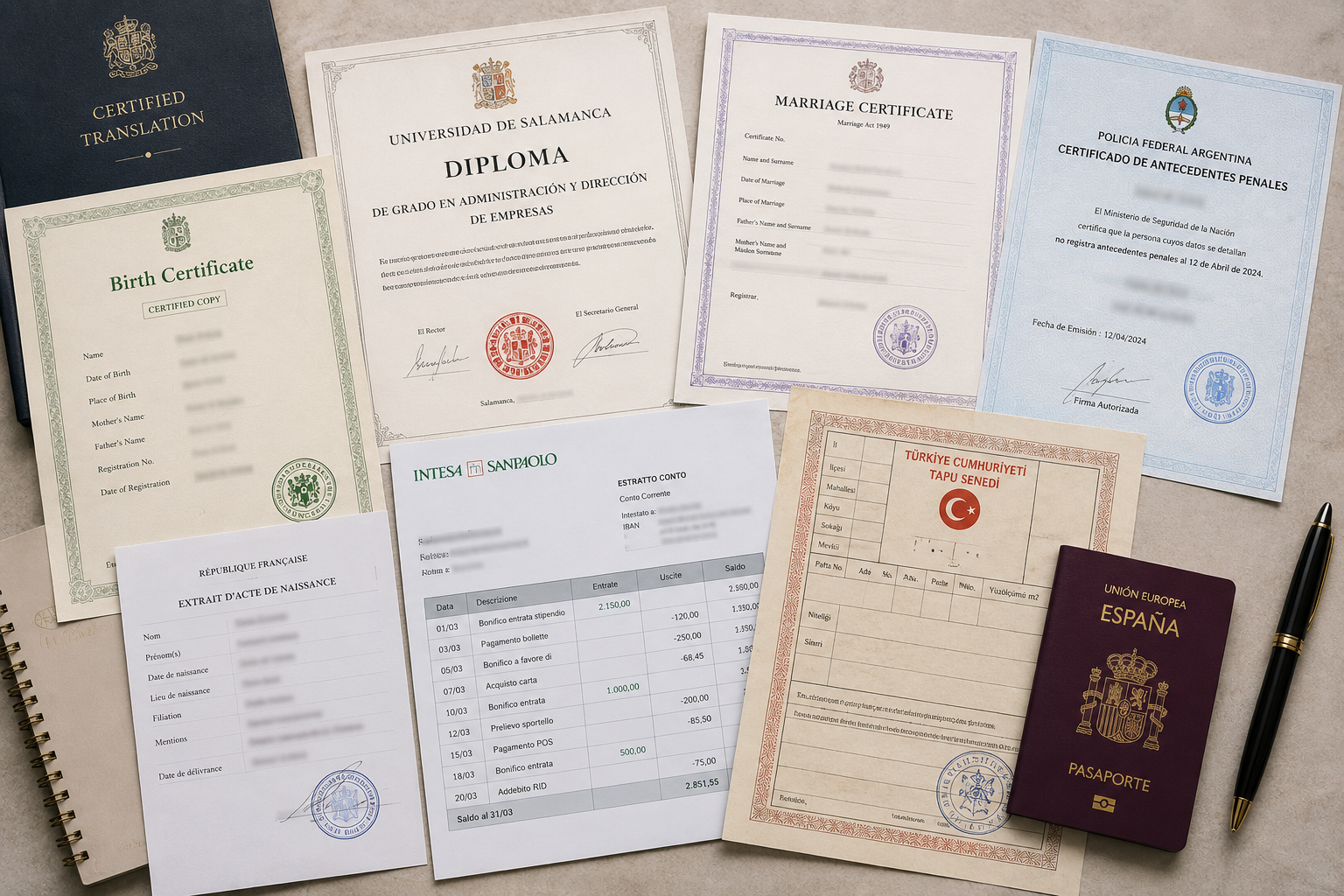 Selection of personal, academic and legal documents for certified translation